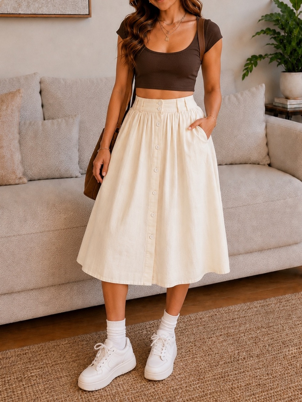 vintage Briggs New York Ivory Button Front Pleated Midi Skirt Sz 10 Pockets